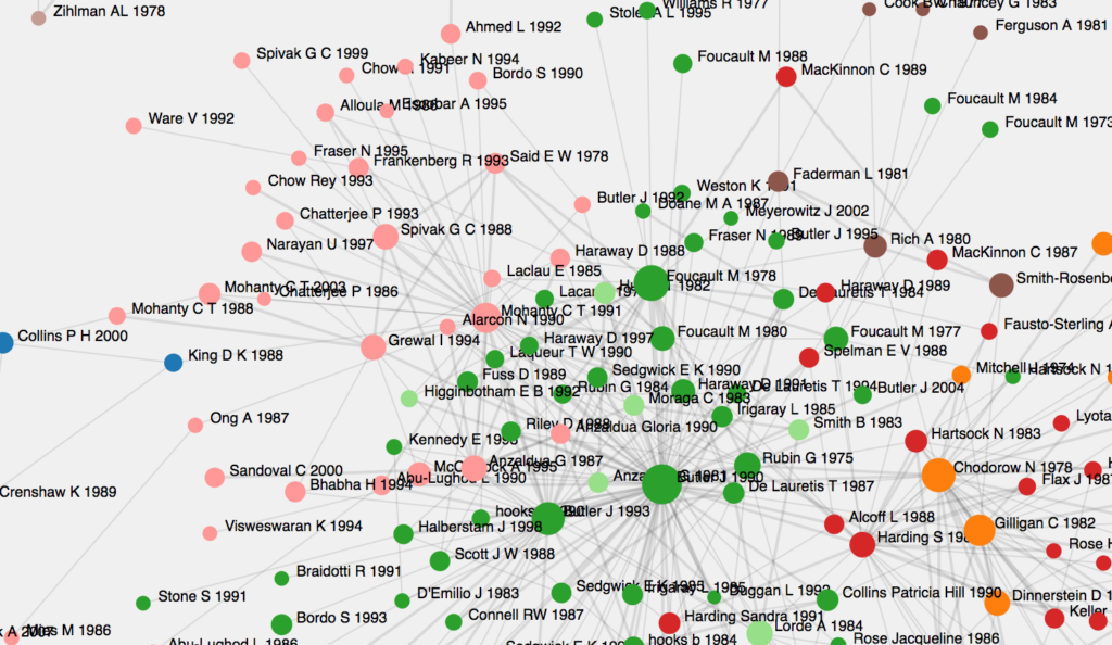 Ajakiri "Signs" visualiseerib feministliku mõtte arengut nelja aastakümnendi jooksul digitaalse tsitaadivõrgustiku abil: http://signsat40.signsjournal.org/cocitation/interactive/